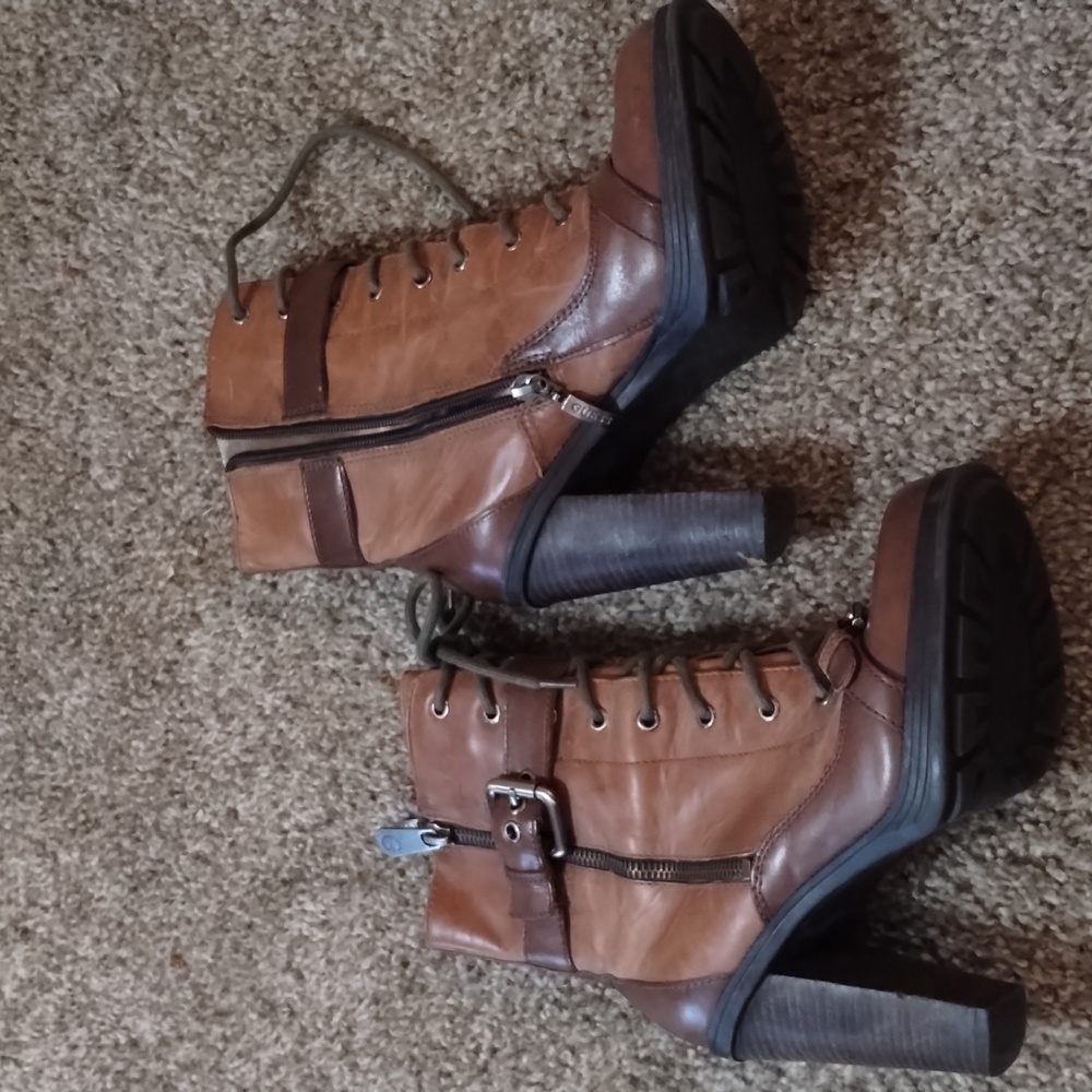 Heel boots by Guess size 6.5 women's brown leather lace stappers zip up